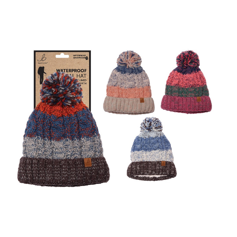 Bartleby Waterproof Striped Bobble Hat With Sherpa Lining