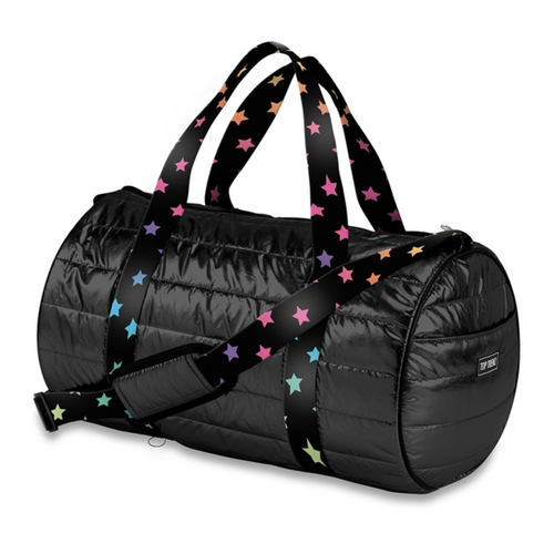 Duffle Bag, Black Puffer with Multi Colored Stars on Straps