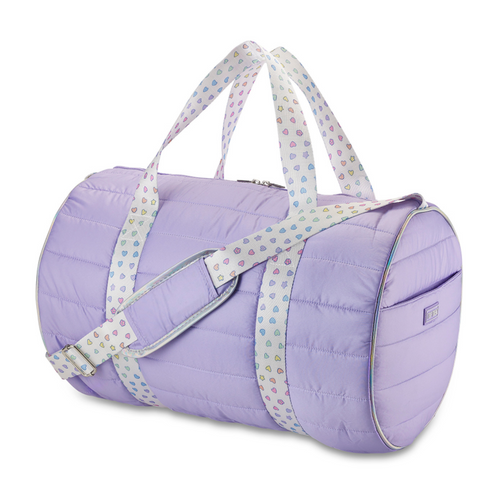 Duffle Bag, Lilac with Rainbow Hearts on Straps Duffle Bag, Lilac with Rainbow Hearts on Straps