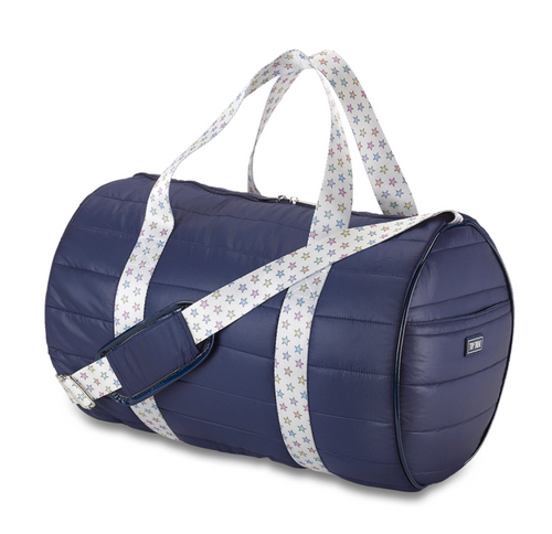 Duffle Bag, Navy Puffer with Multi Colored Stars On Straps Straps Duffle Bag, Navy Puffer with Multi Colored Stars On Straps Straps