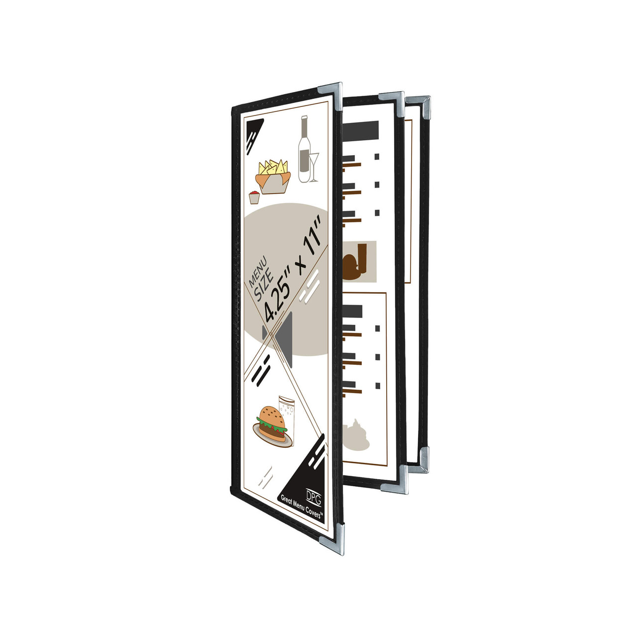 6-Page 4.25x11 Cafe Menu Cover – Book Style – Vinyl Trim – 25-Pack