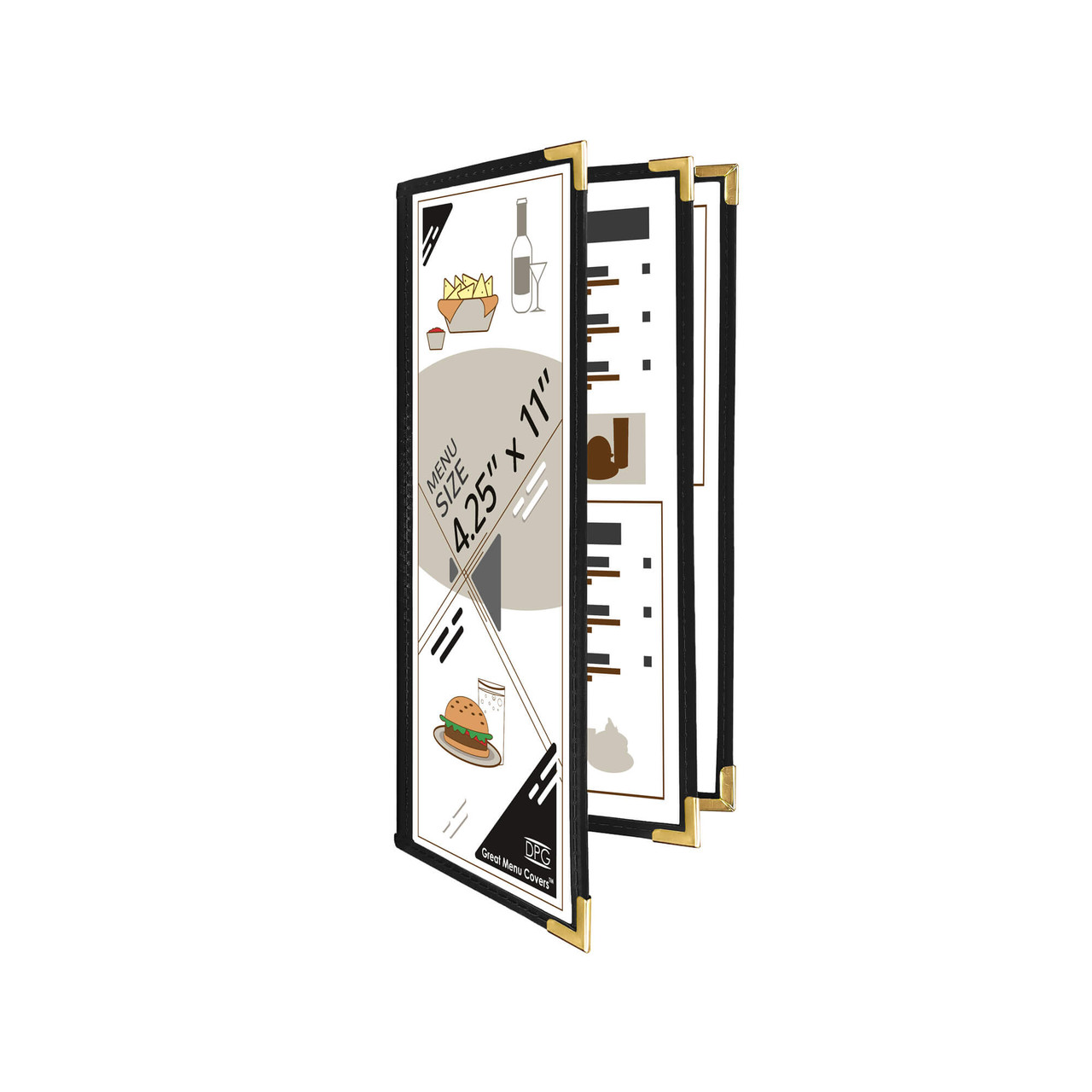 6-Page 4.25x11 Cafe Menu Cover – Book Style – Vinyl Trim – 25-Pack
