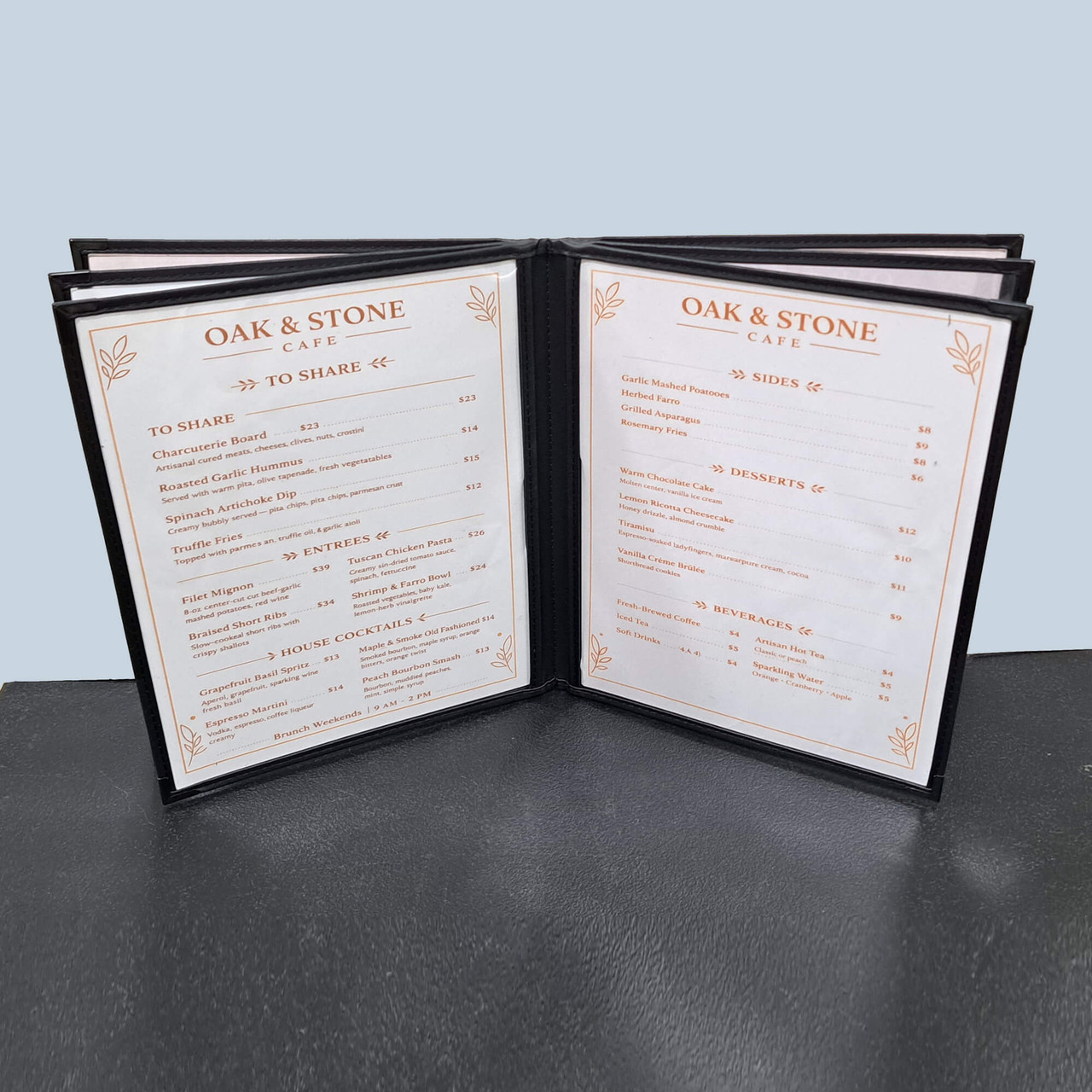 6-panel 12-view 8.5x11 restaurant menu cover with black leatherette trim and metal corners open display