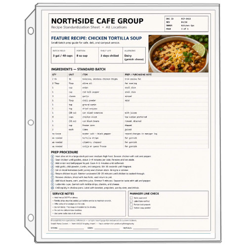 8.5x11 clear vinyl 3-hole binder sheet protector for restaurant recipes, menu pages, training sheets, and operations documents.