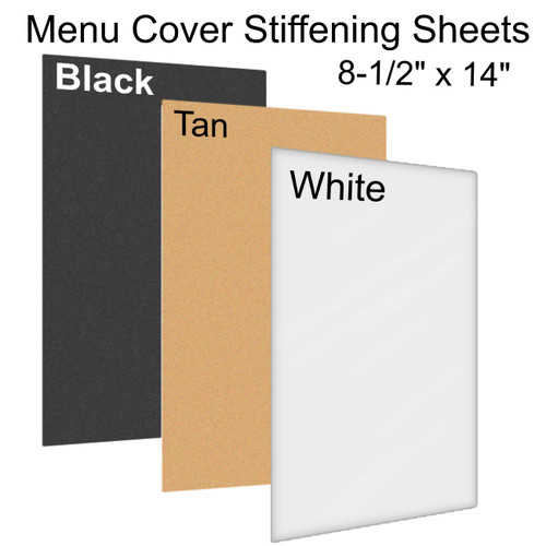 Stiffening sheets made out of cardboard and chipboard to restaurant menu covers feel more rigid and sturdy. Offered in white , black and natural tan kraft styles. Stiffening sheets made out of cardboard and chipboard to restaurant menu covers feel more rigid and sturdy. Offered in white , black and natural tan kraft styles.