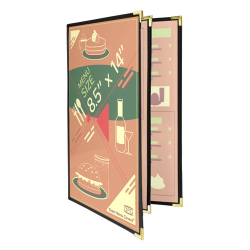 Leatherette 8.5x14 cafe menu cover with clear 10-gauge PVC windows, four full outside page views and two half-page 4.25x14 inside views, available in five leatherette colors with silver, gold, or black metal corners, Made in USA.