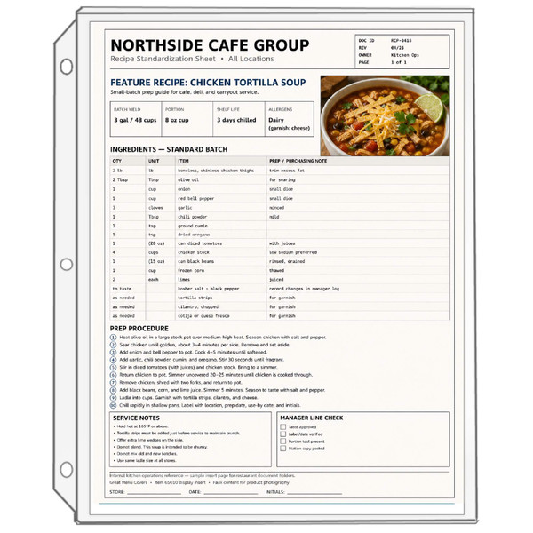 8.5x11 clear vinyl 3-hole binder sheet protector for restaurant recipes, menu pages, training sheets, and operations documents.