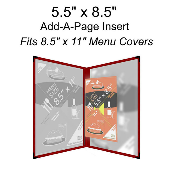 Menu Cover Insert – Clear Vinyl, 5.5x8.5 Tab Insert Size, Fits 8.5x11 Menu Covers, 2-Page Display, 25-Pack
