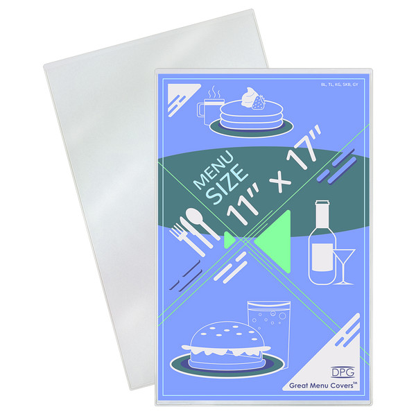 Clear Plastic 11x17 Restaurant Menu Cover, Heat-Welded Edges, Reusable and Easy to Clean, Holds One Sheet with 2 Page Views, Protects Printed Menus from Spills and Fingerprints Clear Plastic 11x17 Restaurant Menu Cover, Heat-Welded Edges, Reusable and Easy to Clean, Holds One Sheet with 2 Page Views, Protects Printed Menus from Spills and Fingerprints