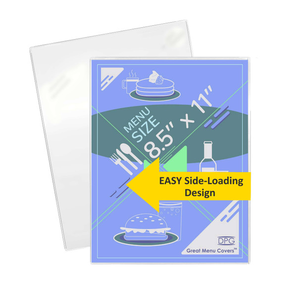 Easy Side-Loading Clear Plastic 8.5x11 Restaurant Menu Cover, Heat-Welded Edges, Reusable and Easy to Clean, Holds One Sheet with 2 Page Views, Protects Printed Menus from Spills and Fingerprints