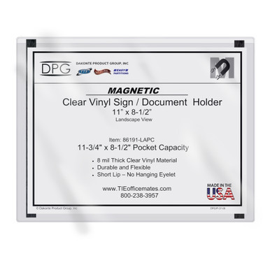 Magnetic 12x9 landscape hanging view vinyl sign holder for metal surfaces like cabinets, metal doors, equipment, machines and vehicles.  Use for signs, instructions and checklists. Dry marker erasable.