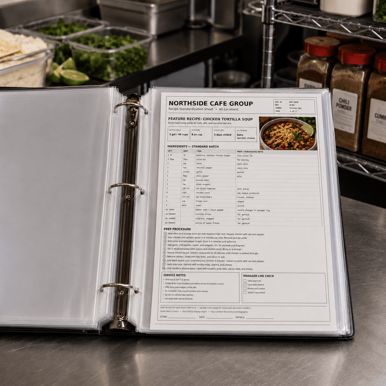 Open restaurant recipe binder with clear 3-hole sheet protectors holding recipe standardization pages in a commercial kitchen.