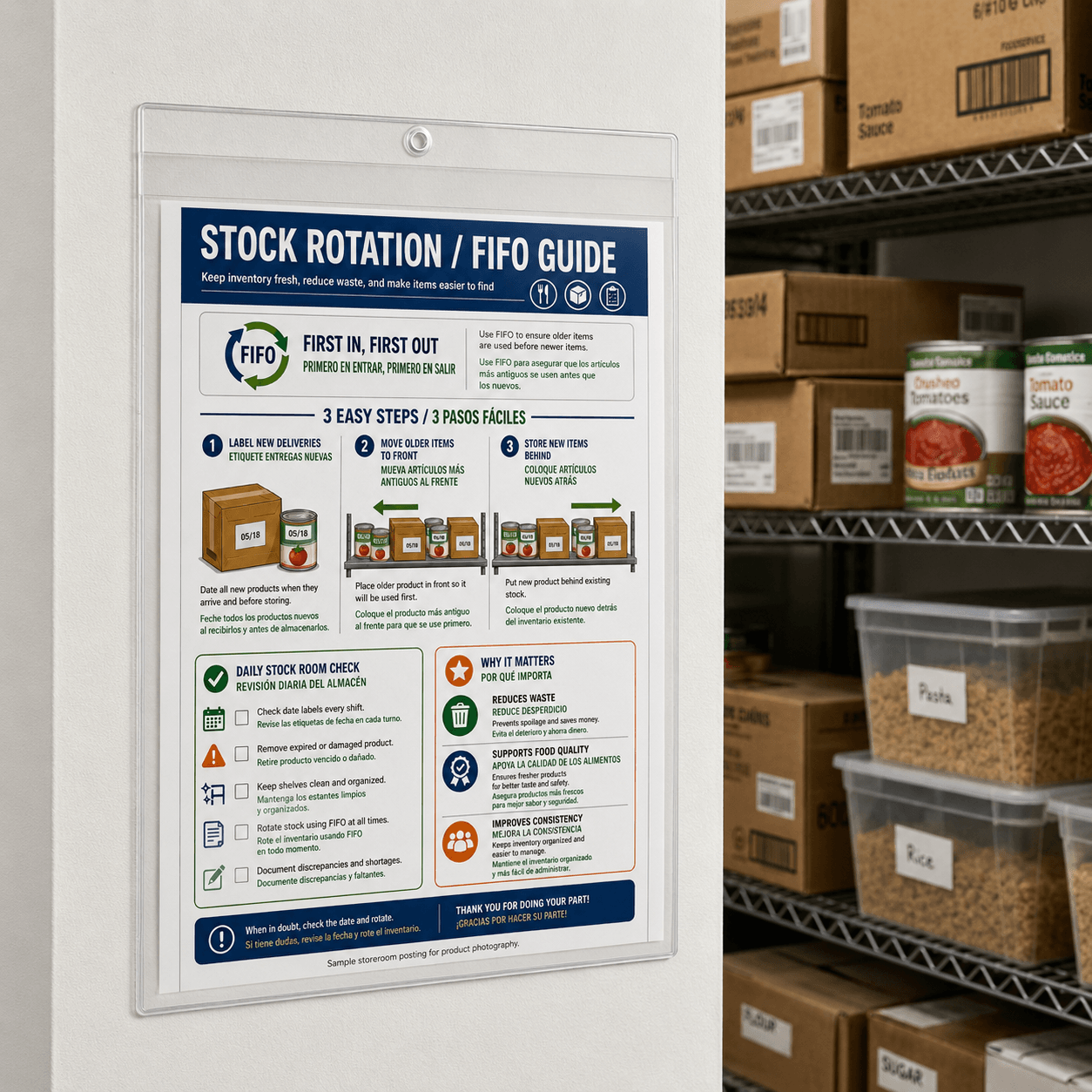 Clear 9x12 hanging vinyl document holder displaying a bilingual FIFO stock rotation guide in a restaurant storeroom.