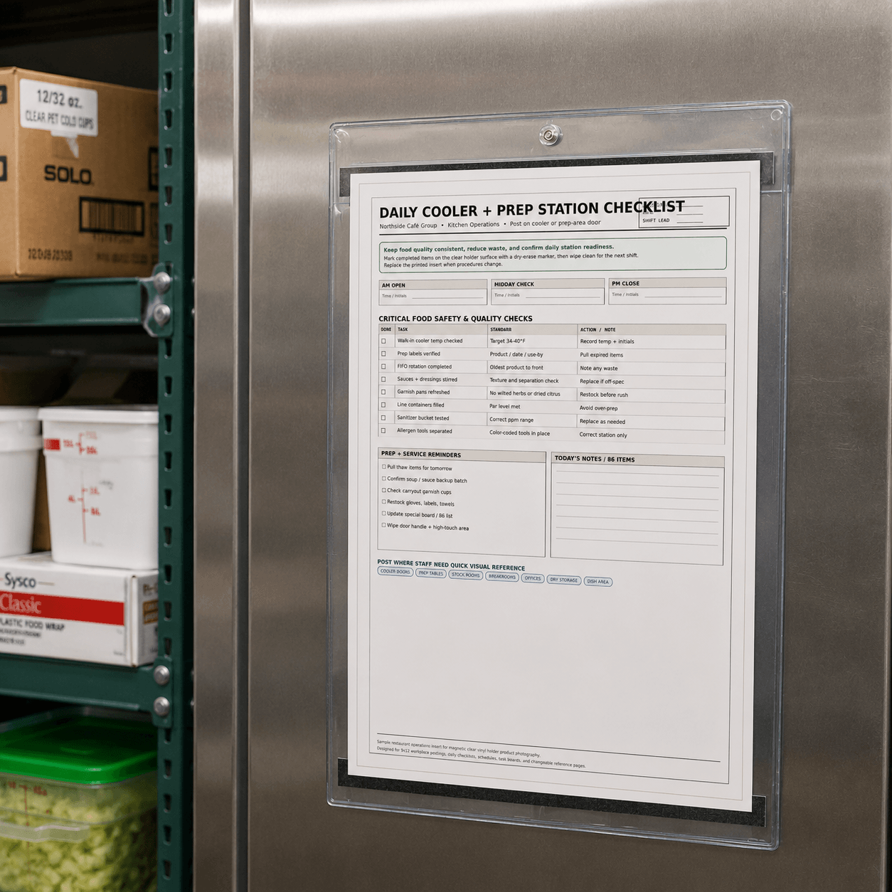 Magnetic 9x12 clear vinyl holder displaying a daily cooler and prep station checklist on a stainless steel cooler door.