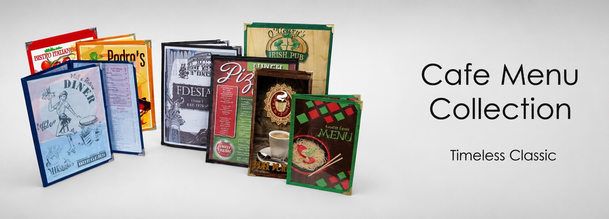 Assorted cafe and restaurant menu covers in various colors and styles.
