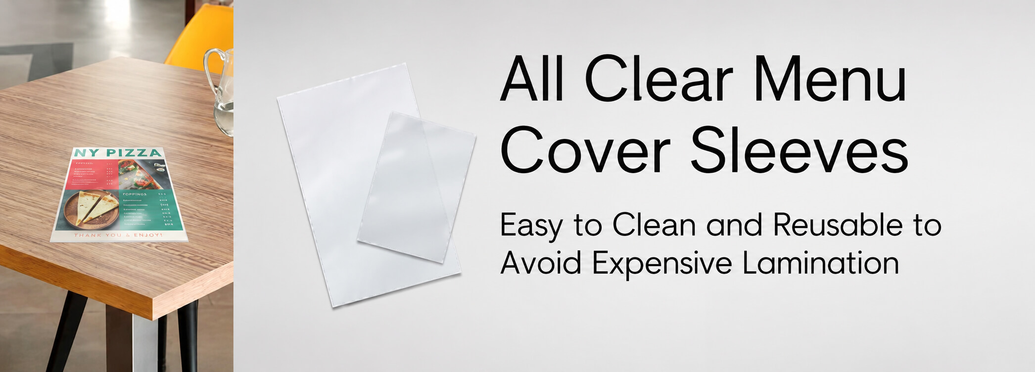 Clear plastic menu cover sleeves on a restaurant table, showcasing an easy-to-clean and reusable alternative to lamination.
