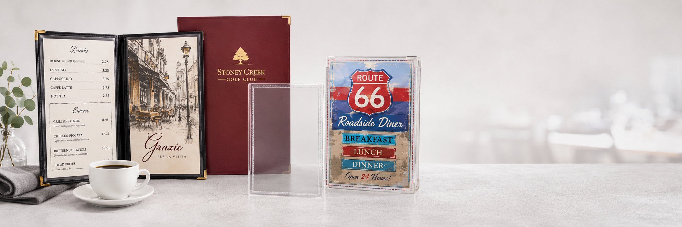 Great Menu Covers menu cover collection featuring clear inserts, cafe covers and custom restaurant menu covers.
