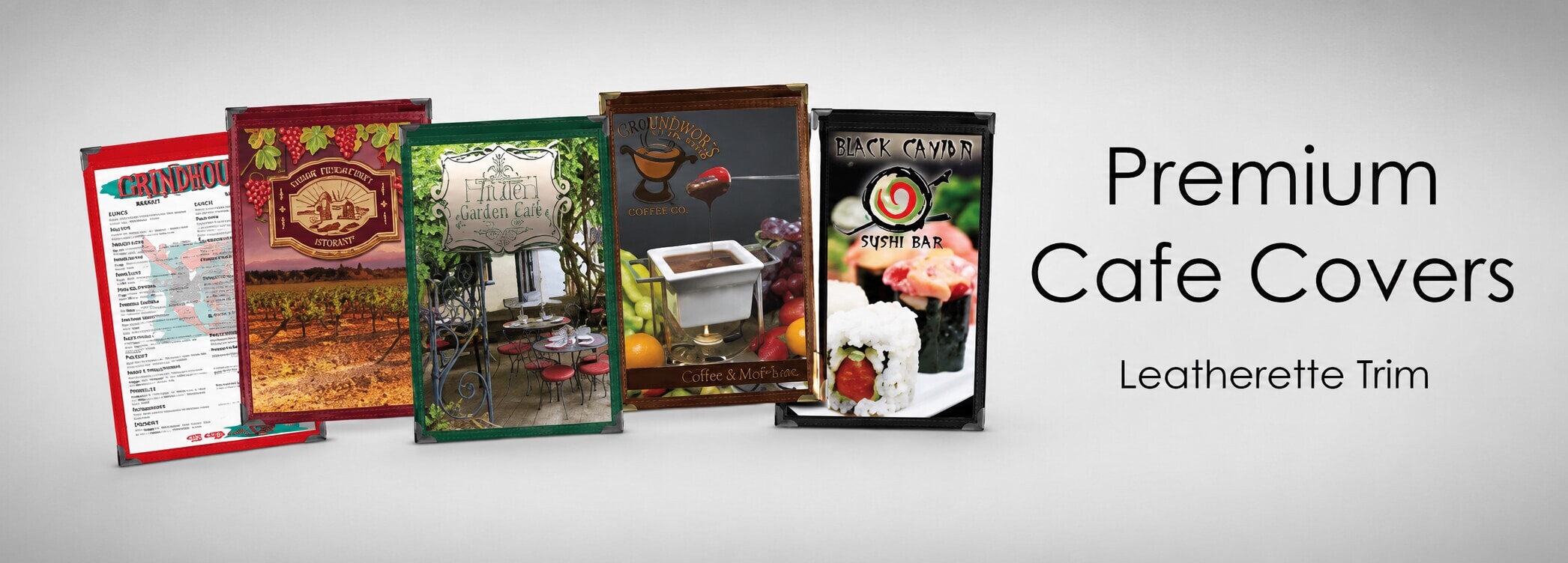 Premium leatherette trim cafe menu covers featuring wine country, garden restaurant, chocolate, and sushi bar designs.
