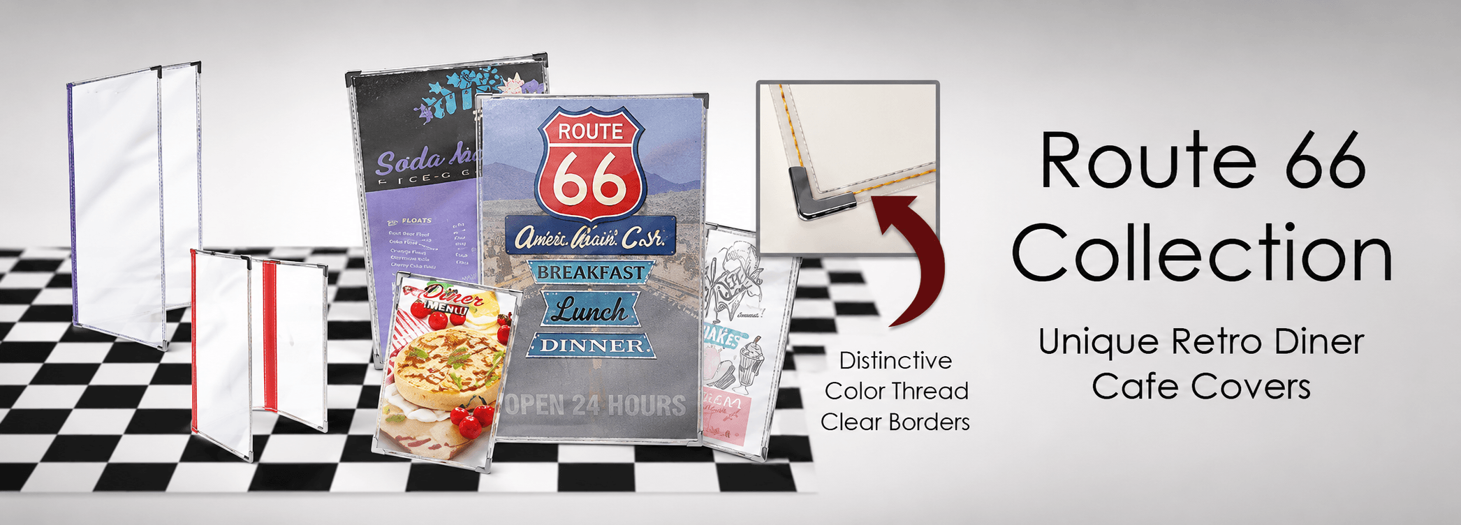 Route 66 Collection retro diner cafe covers featuring clear borders with distinctive colored thread stitching and metal corners.