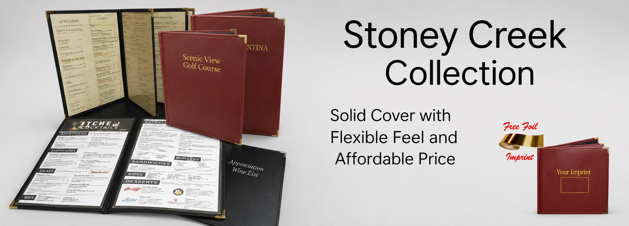 Stoney Creek Collection solid menu covers with a flexible feel featuring affordable pricing and free foil imprint options.