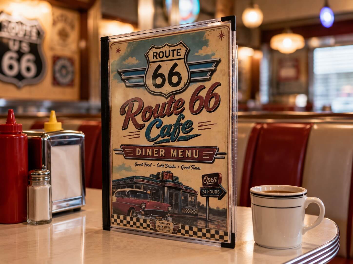 Route 66 Cafe Menu Cover displayed in a retro diner setting