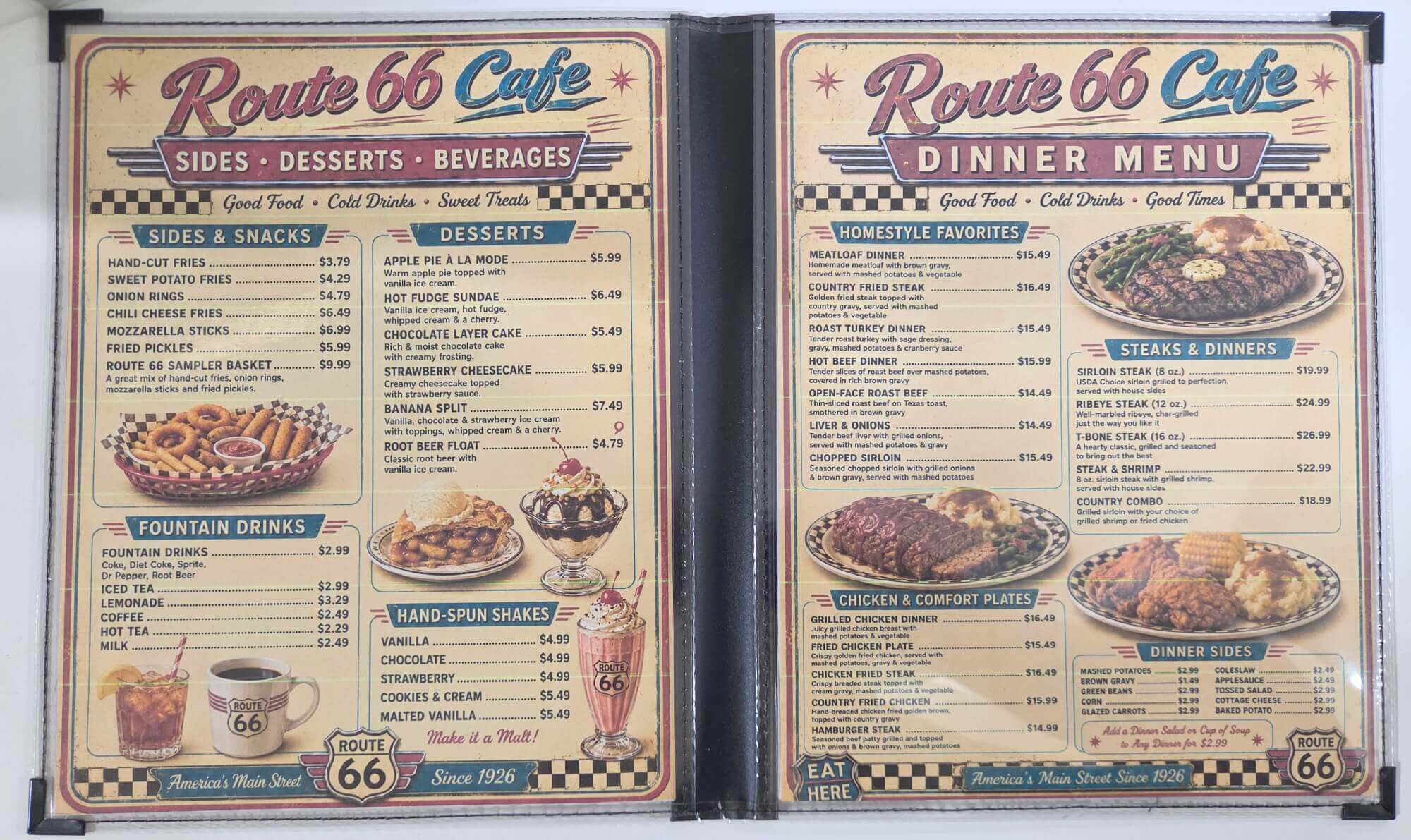 Open Route 66 Cafe Menu Cover showing clear menu panels, printed pages and the full-color center spine
