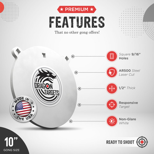 Dragon Targets 10" x 1/2" Gong AR500 Steel Shooting Target 1/2" Thick