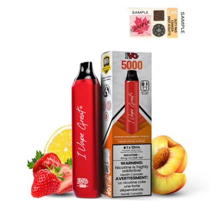 IVG Bar Max 5000 Puffs Disposable Vape  - Poppin' Strawberry Peach