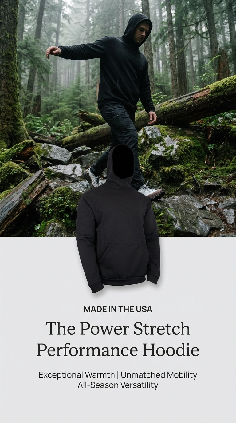 Fish Lake Co Power Stretch Fleece Hoodie in charcoal gray, front view on model standing outdoors