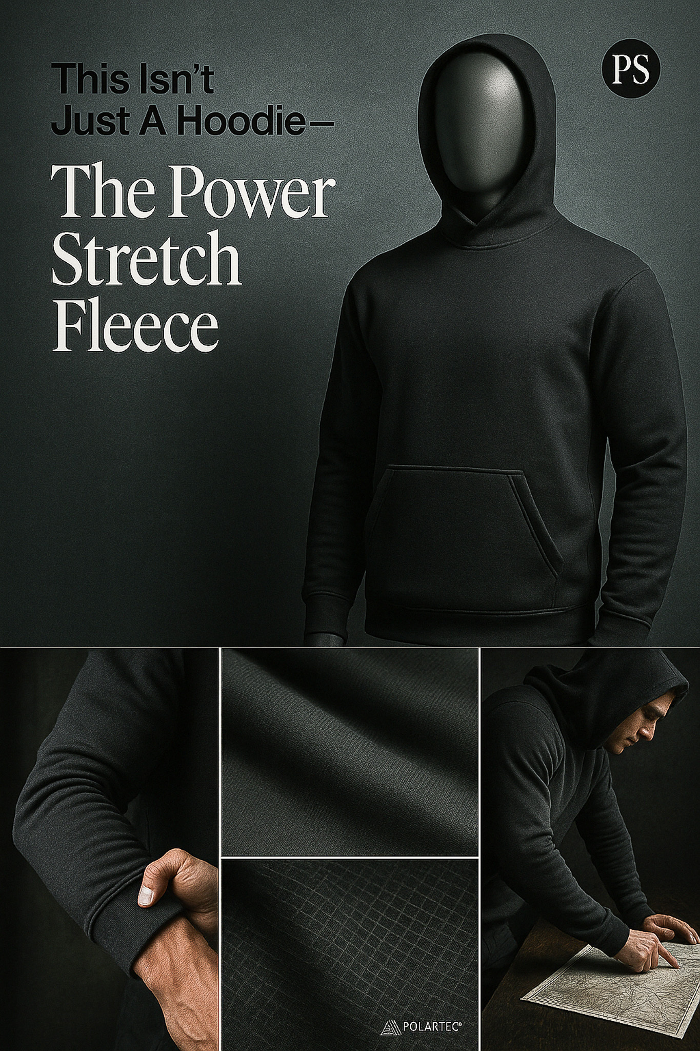 Close-up detail of Fish Lake Co Power Stretch Fleece Hoodie fleece texture and reinforced stitching.