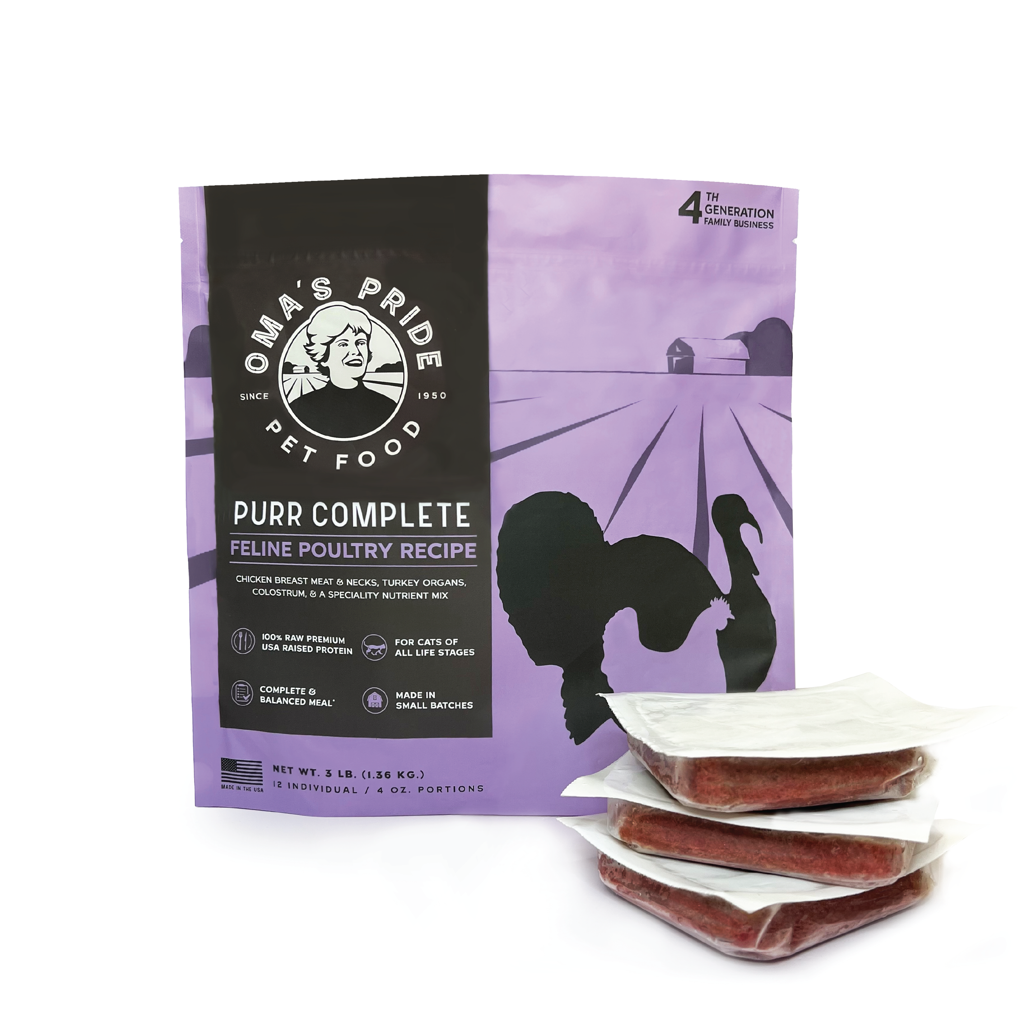 Oma’s Pride Purr Complete Feline Poultry Meal 3 lb. Portion Packs