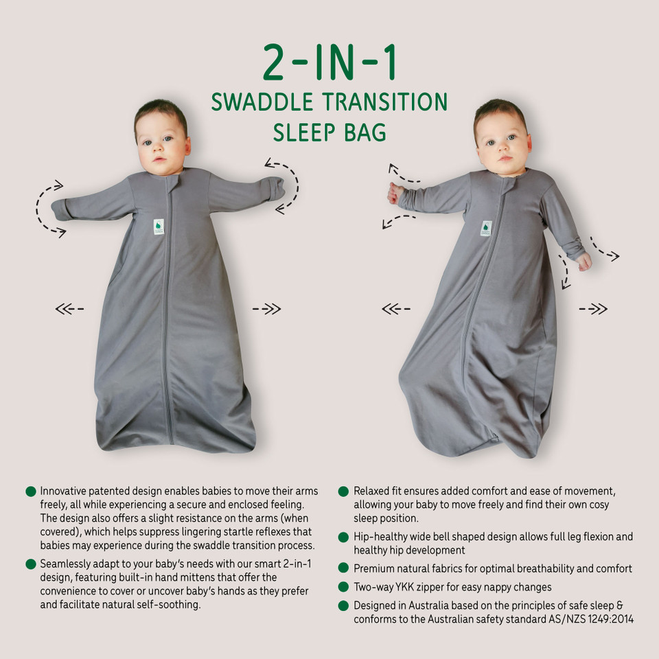 2-IN-1 Swaddle Transition Sleep Bag / Warm Weight 1.5 Tog / Grey