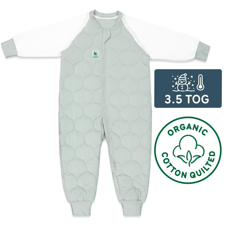 Sleepsuit / 3.5 Tog Long Sleeve / Jade Mist (Organic Cotton Quilted, Bamboo Lining)