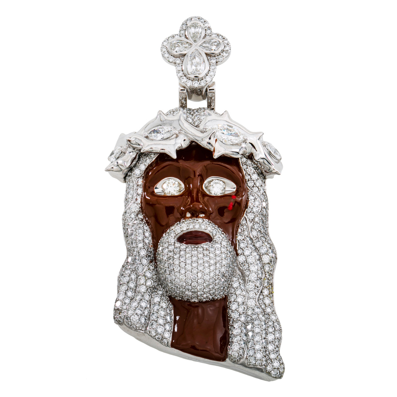 14k White Gold Diamond Jesus Pendant Enamel Face 13.75CT