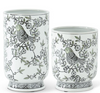 Set of 2 Black White & Green Bird Print Porcelain Vases (Grad Sizes) (4)