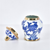 6in Ceramic Blue White Ginger Jar, Gold Trim