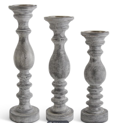 Set of 3 Gray Ribbed Wood Candleholder (4)