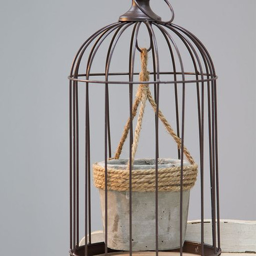 Wire Bird Cage with Jute and Cement Plant Holder, Medium