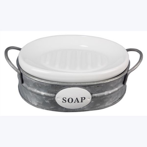 CERAMIC SOAP DISH WITH TIN BASKET