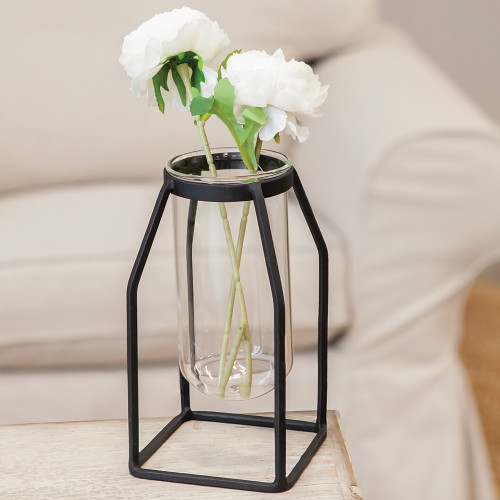 Glass Tube Vase w/Metal Frame, Wide