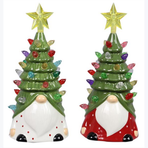 Ceramic Santa with Christmas Tree Hat with LED Light, 2 Assorted