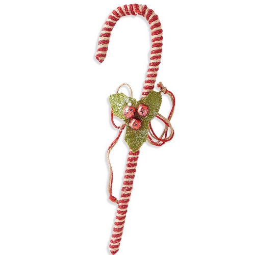 11 Inch Red Striped Candy Cane w/Holly Leaves & Bells Ornament