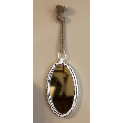 Cream Distressed Frame Oval Mirror w/Rope Hanger