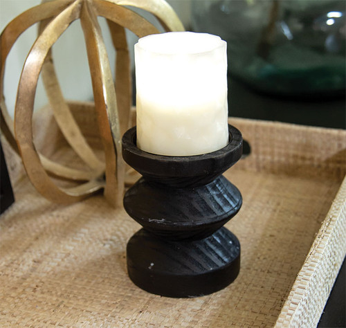 Black Wooden Pillar Candle Holder, 4.75"