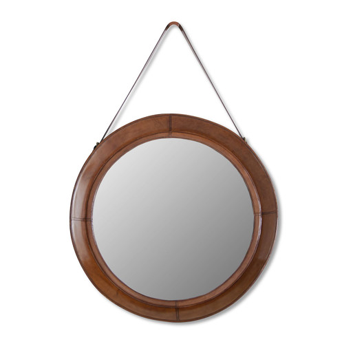 28.25 Inch Round Leather Framed Strap Hung Wall Mirror