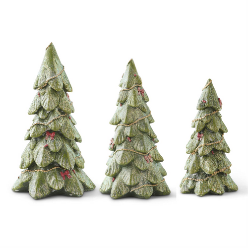 S/3 Resin Green Glitter Trees w/Gold Garland and Red Bows