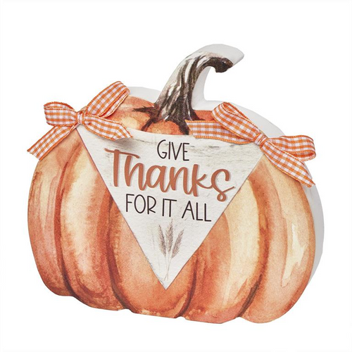 GIVE THANKS FOR IT ALL" DIE-CUT WOODEN PUMPKIN FIGURINE