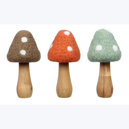 Wood & Wool Tabletop Mushroom D�cor 3 Asst