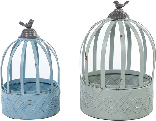 Mtl Boho Bl/Gry Bird Topiary Container S/2