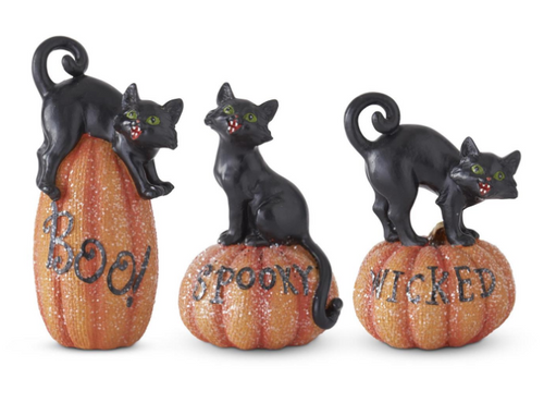ASST 6.5in BLACK CATS ON GLITTERED PUMPKINS (EACH)